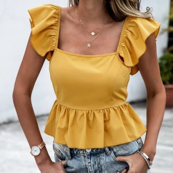 Contemporary minimalist Ruffle Sleeve Peplum Tie Back Blouse - Picture 3 of 6